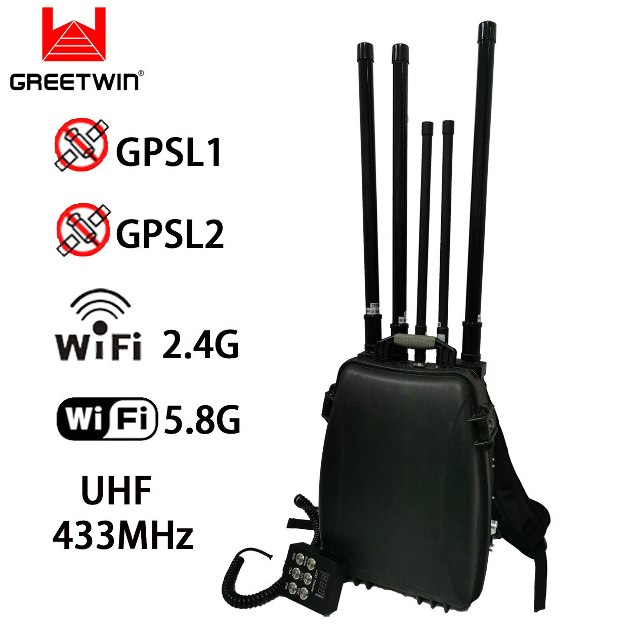 1.5km UHF 433MHz Backpack Drone Jammer WiFi 2.4G 5.8G